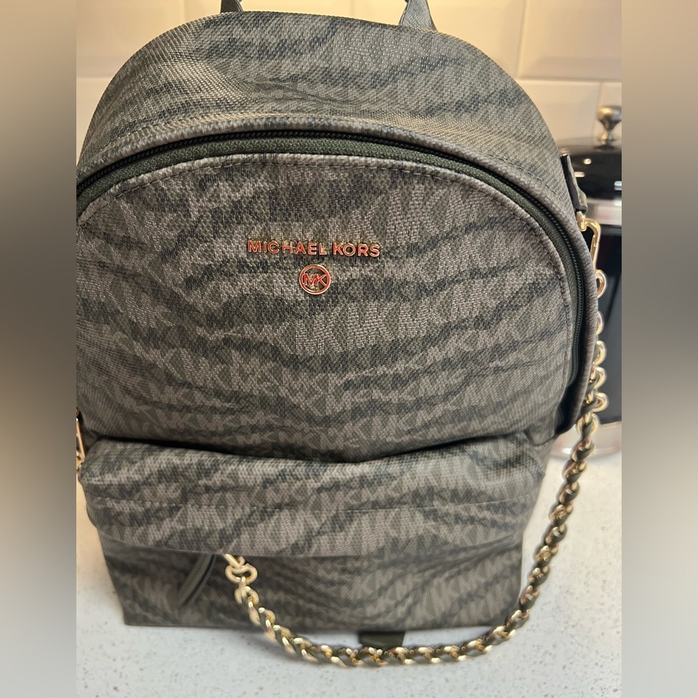 Michael Kors Olive Drab Signature Pattern Backpack with Brass Chain Hardware